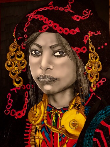 Drawing titled "Jeune fille à turban" by Tara Shakti, Original Artwork, Charcoal