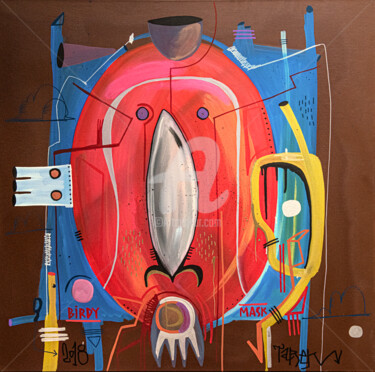 Schilderij getiteld "Red mask" door Tarek Ben Yakhlef, Origineel Kunstwerk, Acryl Gemonteerd op Frame voor houten brancard