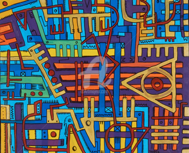 Картина под названием "Geometrik #4" - Tarek Ben Yakhlef, Подлинное произведение искусства, Маркер Установлен на Деревянная…