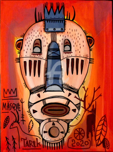 Schilderij getiteld "Masque rouge et gris" door Tarek Ben Yakhlef, Origineel Kunstwerk, Acryl