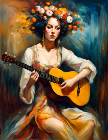 Digital Arts titled "woman Guitarist" by Tarek Mesbahi, Original Artwork, AI generated image