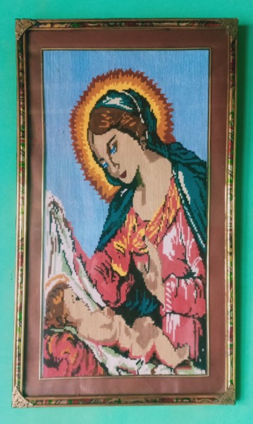 Textile Art titled "Holy Jesus and Mary" by Tariq Aziz, Original Artwork, Embroidery