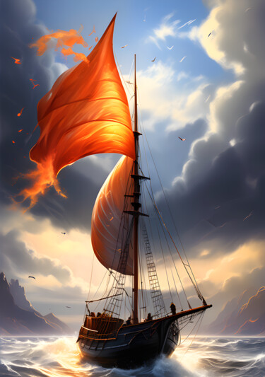 Arts numériques intitulée "Boat in sea" par Tarkanm, Œuvre d'art originale, Image générée par l'IA