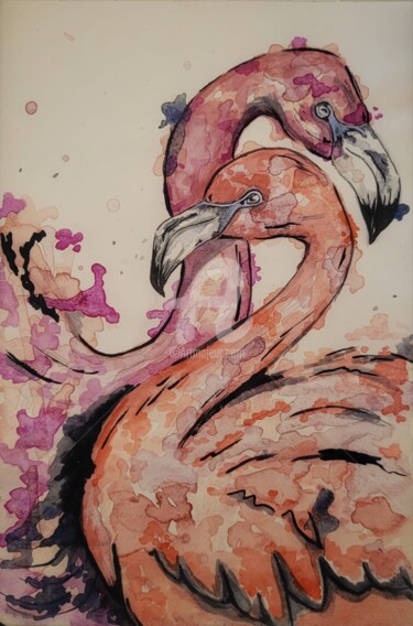 Pintura intitulada "Flamingos" por Tarsila Ximenes, Obras de arte originais, Aquarela