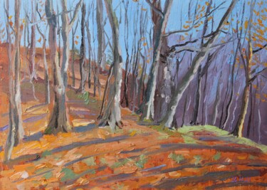Painting titled "Autumn forest" by Tatiana Gliadchenko, Original Artwork, Oil Mounted on Cardboard