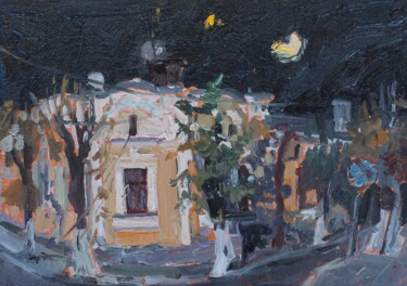 Painting titled "Night Vyzhnytsia" by Tatiana Gliadchenko, Original Artwork, Oil Mounted on Cardboard