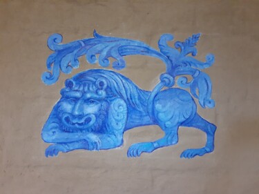 Dessin intitulée "Синий лев (лежащий)" par Tat Ana Paola, Œuvre d'art originale, Tempera