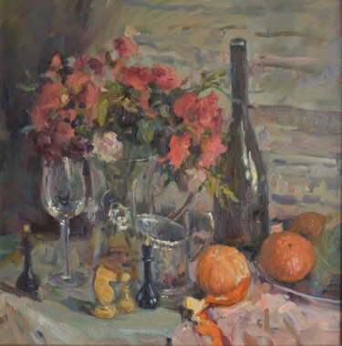 Painting titled "С цветами, мандарин…" by Tat Ana Paola, Original Artwork, Oil