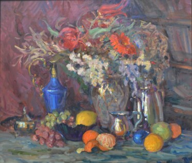 Painting titled "С букетом, синим ку…" by Tat Ana Paola, Original Artwork, Oil