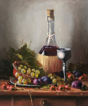 Картина под названием "натюрморт с вином и…" - Татьяна Рыкова (Rosa), Подлинное произведение искусства, Масло