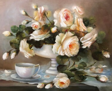 Peinture intitulée "натюрморт с розами" par Tatiana Rykova (Rosa), Œuvre d'art originale, Huile