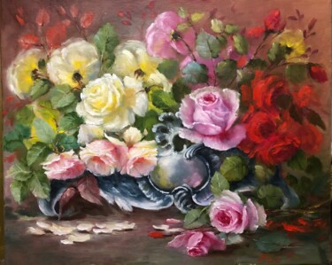 Peinture intitulée "Натюрморт розы" par Tatiana Rykova (Rosa), Œuvre d'art originale, Huile