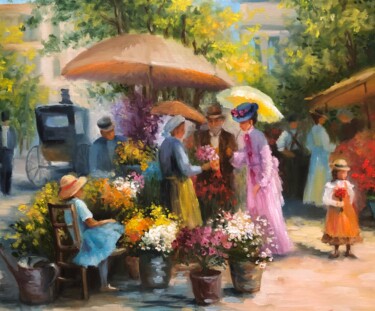 Картина под названием "Цветочная площадь" - Татьяна Рыкова (Rosa), Подлинное произведение искусства, Масло