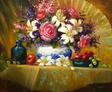 Peinture intitulée "Цветочный натюрморт…" par Tatiana Rykova (Rosa), Œuvre d'art originale, Huile