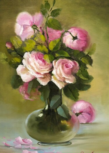Картина под названием "Ваза с розами" - Татьяна Рыкова (Rosa), Подлинное произведение искусства, Масло