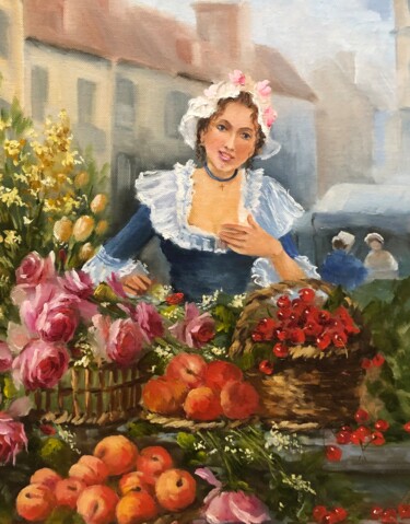 Pittura intitolato "Девушка с фруктами…" da Tatiana Rykova (Rosa), Opera d'arte originale, Olio