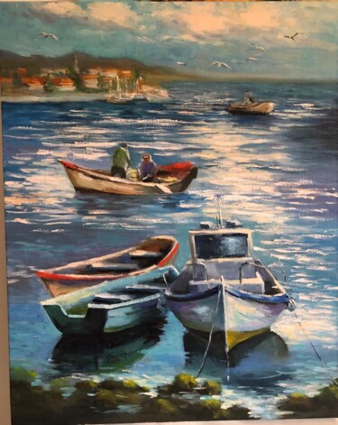 Картина под названием "Лодки в Которском з…" - Татьяна Рыкова (Rosa), Подлинное произведение искусства, Масло