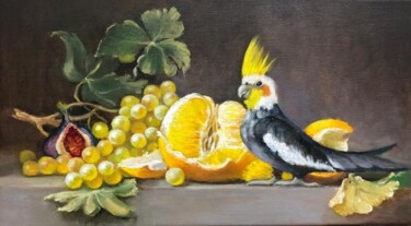 Картина под названием "Натюрморт с попугаем" - Татьяна Рыкова (Rosa), Подлинное произведение искусства, Масло
