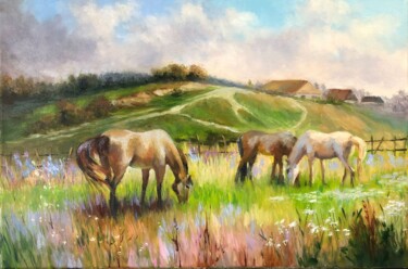 Peinture intitulée "лошади на лугу" par Tatiana Rykova (Rosa), Œuvre d'art originale, Huile