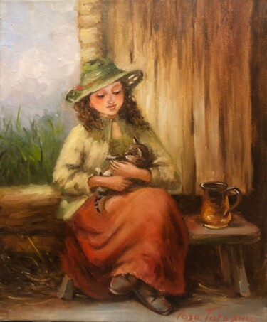 Malerei mit dem Titel "Девочка с котенком" von Tatiana Rykova (Rosa), Original-Kunstwerk, Öl