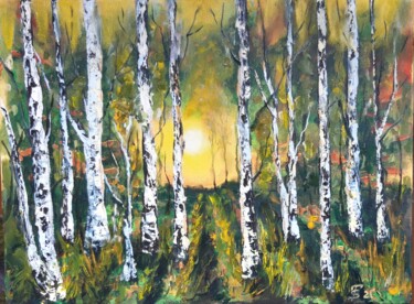 Painting titled "Birch Trees Oil Pai…" by Tatiana Sorochan, Original Artwork, Oil