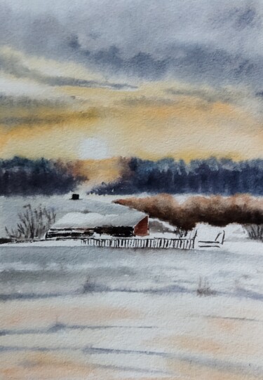 Картина под названием "Зимнее утро" - Татьяна Токарева, Подлинное произведение искусства, Акварель