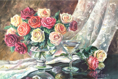 Pittura intitolato "Colorful Roses Oil…" da Tatyana Ustyantseva, Opera d'arte originale, Olio
