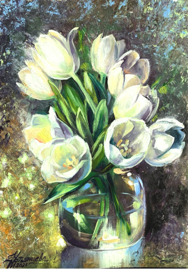 Картина под названием "White Tulips Oil Pa…" - Tatyana Ustyantseva, Подлинное произведение искусства, Масло