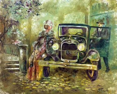 Pintura intitulada "Retro Car Oil Paint…" por Tatyana Ustyantseva, Obras de arte originais, Óleo