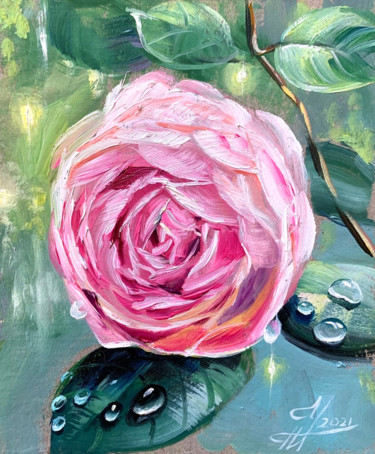 Schilderij getiteld "Rose Painting Pink…" door Tatyana Ustyantseva, Origineel Kunstwerk, Olie