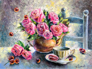 Schilderij getiteld "Pink Rose Painting…" door Tatyana Ustyantseva, Origineel Kunstwerk, Olie