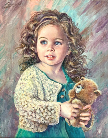 Malerei mit dem Titel "Portrait Little gir…" von Tatyana Ustyantseva, Original-Kunstwerk, Öl