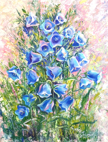 Картина под названием "Blue Flowers Oil Pa…" - Tatyana Ustyantseva, Подлинное произведение искусства, Масло