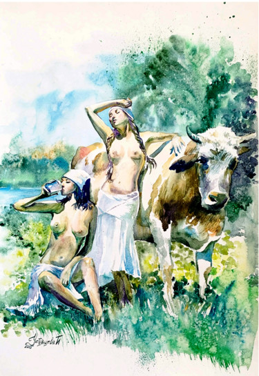 Malarstwo zatytułowany „Sunny people Nude W…” autorstwa Tatyana Ustyantseva, Oryginalna praca, Akwarela