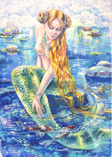 Pintura intitulada "Mermaid Oil Paintin…" por Tatyana Ustyantseva, Obras de arte originais, Óleo