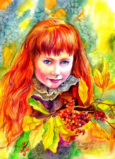 Pittura intitolato ""Girl Autumn" water…" da Tatyana Ustyantseva, Opera d'arte originale, Acquarello