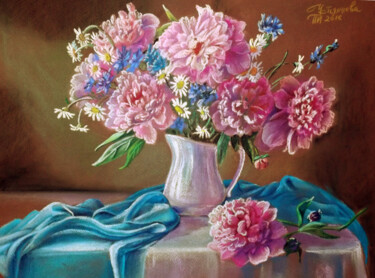 Pittura intitolato "Bouquet of pink peo…" da Tatyana Ustyantseva, Opera d'arte originale, Pastello