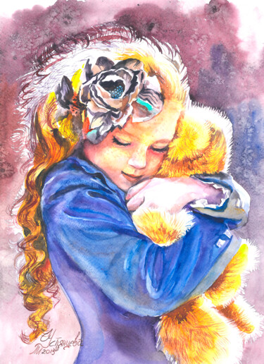 Картина под названием "Girl with Teddy Bea…" - Tatyana Ustyantseva, Подлинное произведение искусства, Акварель