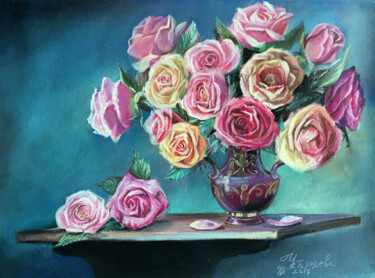 Schilderij getiteld "Bouquet de roses pe…" door Tatyana Ustyantseva, Origineel Kunstwerk, Pastel