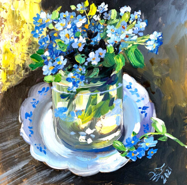 Pintura titulada "Fleurs Bleues Peint…" por Tatyana Ustyantseva, Obra de arte original, Oleo