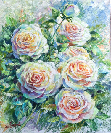 Painting titled "roses blanches pein…" by Tatyana Ustyantseva, Original Artwork, Oil
