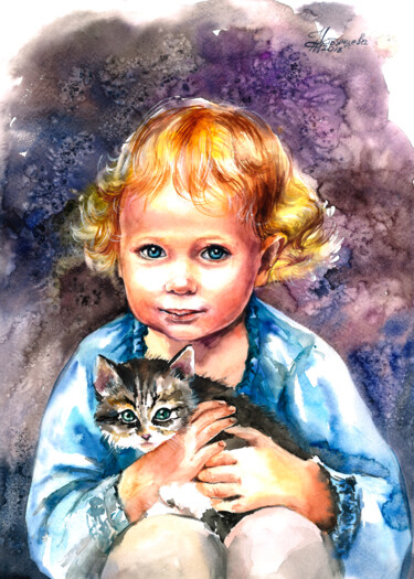 enfant peinture _ child painting Peinture intitulée "enfant peinture _ c…" par Tatyana Ustyantseva, Œuvre d'art originale, Aquarelle