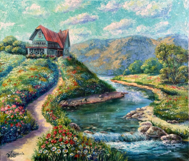 Painting titled "Landscape with hous…" by Tatyana Ustyantseva, Original Artwork, Oil