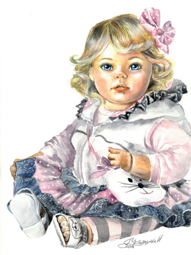 Painting titled "Portrait of a doll…" by Tatyana Ustyantseva, Original Artwork, Watercolor