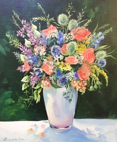 Painting titled "Flowers painting Su…" by Tatyana Ustyantseva, Original Artwork, Oil