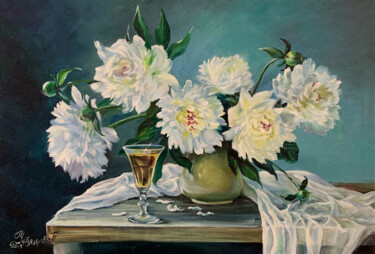 Schilderij getiteld "Flowers painting Pe…" door Tatyana Ustyantseva, Origineel Kunstwerk, Olie