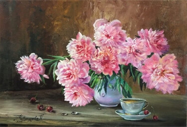 Malerei mit dem Titel "Flowers painting Pe…" von Tatyana Ustyantseva, Original-Kunstwerk, Öl