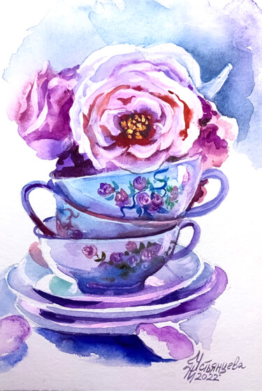 Malarstwo zatytułowany „Roses Watercolor Pa…” autorstwa Tatyana Ustyantseva, Oryginalna praca, Akwarela