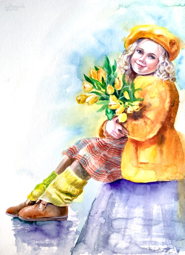 Картина под названием "Yellow bouquet pain…" - Tatyana Ustyantseva, Подлинное произведение искусства, Акварель