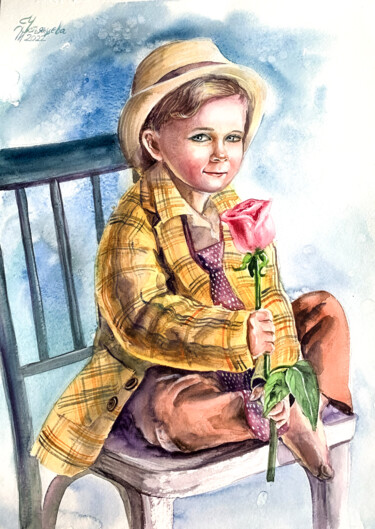 Malerei mit dem Titel "Boy with a rose pai…" von Tatyana Ustyantseva, Original-Kunstwerk, Aquarell